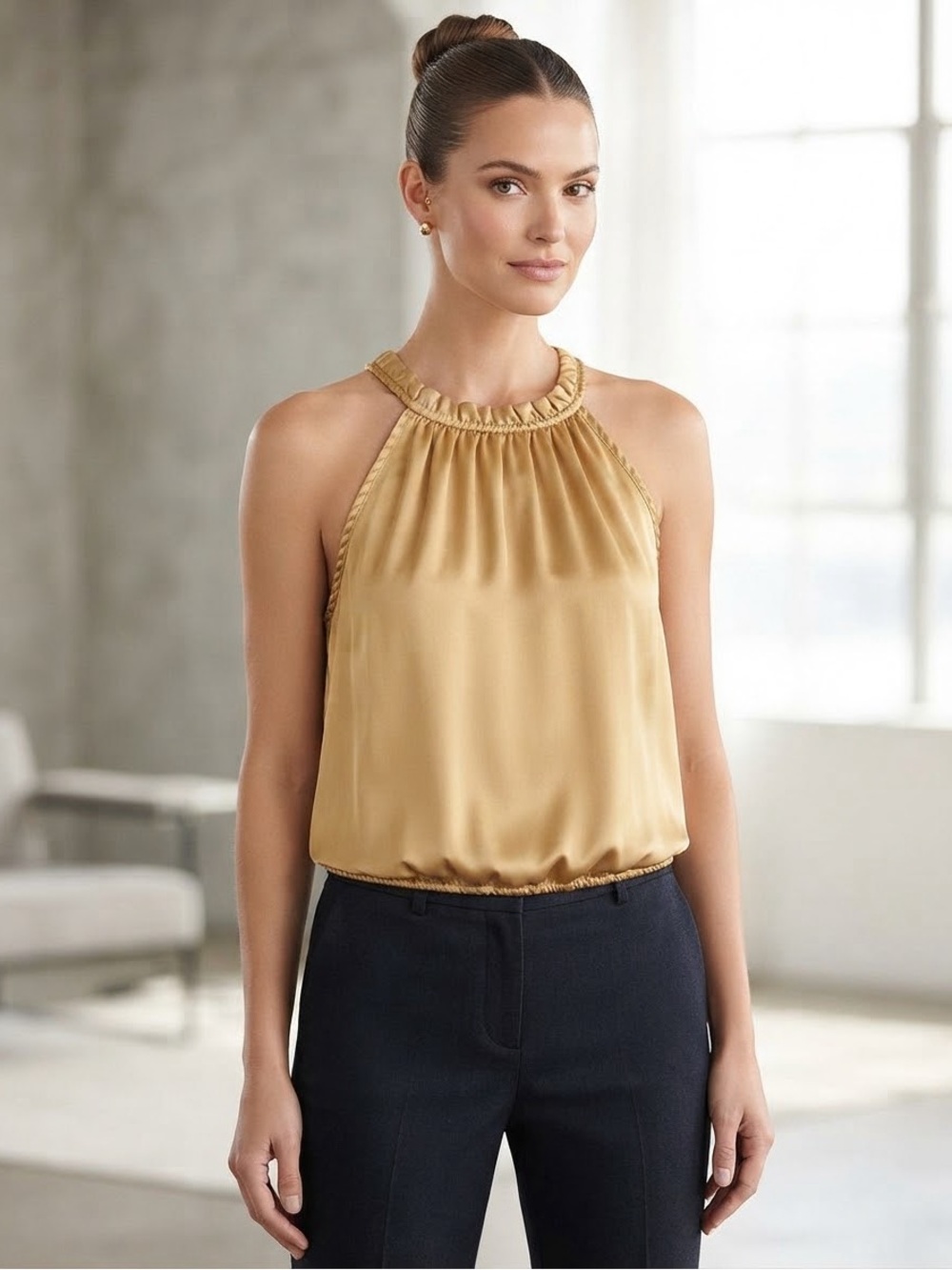 Violet & Claire Satin Halter Top in Mustard Gold